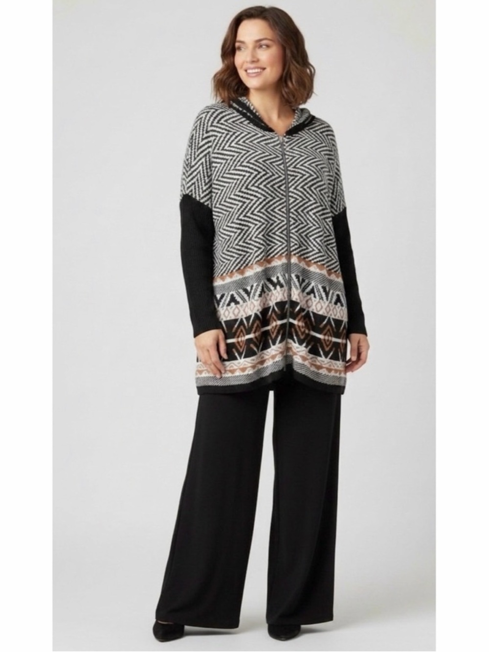 Joseph A | NWT Tribal Geo Print Zip Front Hooded Slouchy Drapey Poncho Cardigan